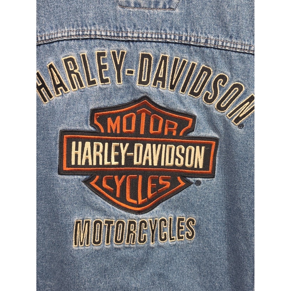 Harley Davidson Men's Blue Denim Vest Size 2XL Embroidered Logo Trucker Biker